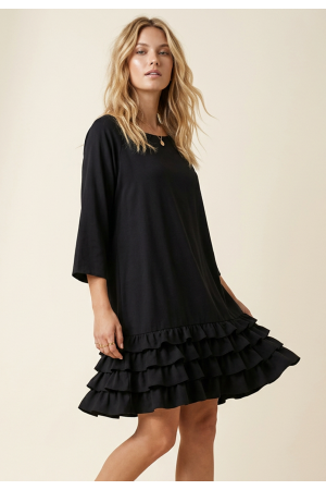 Vestido Curto Malha Babados Smoked Preto