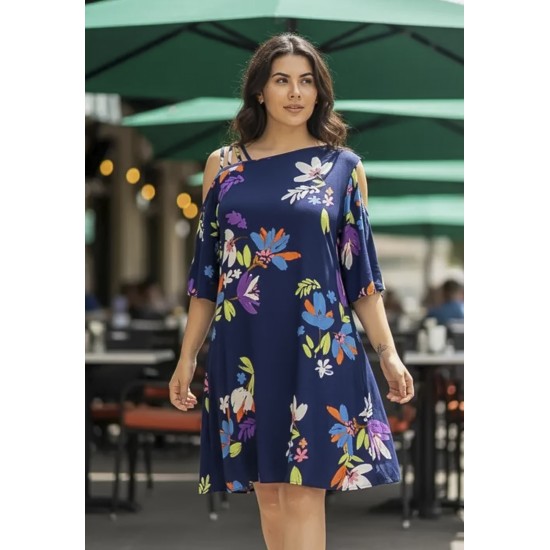 Vestido Curto Iara Viscose Ombro a Mostra Estampa Festa das Flores Azul