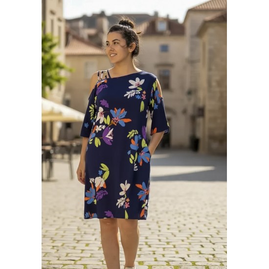 Vestido Curto Iara Viscose Ombro a Mostra Estampa Festa das Flores Azul