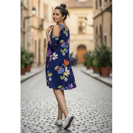 Vestido Curto Iara Viscose Ombro a Mostra Estampa Festa das Flores Azul