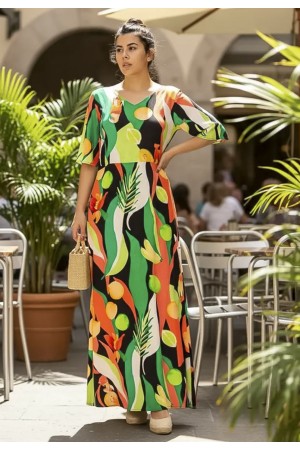 Vestido Longo Jaciara Viscose Estampa Festival Tropical