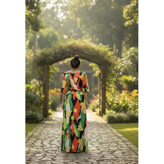 Vestido Longo Jaciara Viscose Estampa Festival Tropical