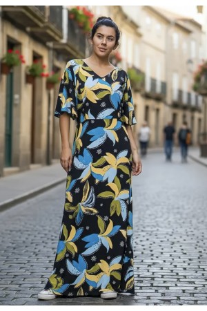 Vestido Longo Jaciara Viscose Estampa Jardim Noturno