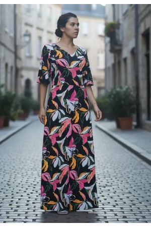 Vestido Longo Jaciara Viscose Estampa Pétalas Noturna