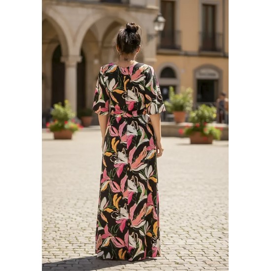 Vestido Longo Jaciara Viscose Estampa Pétalas Noturna