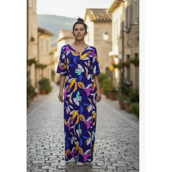 Vestido Longo Jaciara Viscose Estampa Pétalas ao Vento