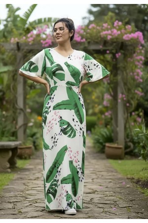 Vestido Longo Jaciara Viscose Estampa Folhagem Poética