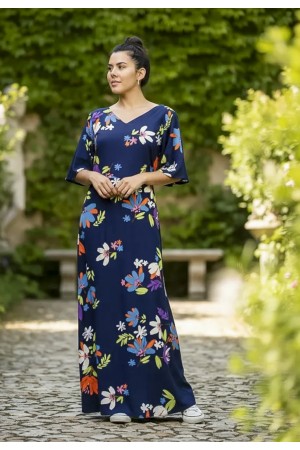 Vestido Longo Jaciara Viscose Estampa Festa das Flores Azul