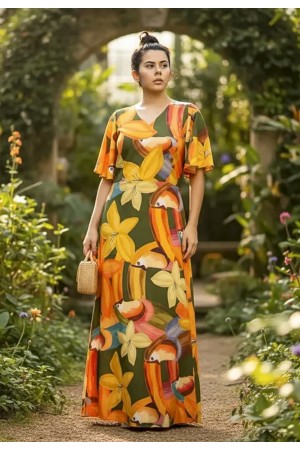 Vestido Longo Jaciara Viscose Estampa Flowers & Tucanos