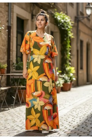 Vestido Longo Jaciara Viscose Estampa Flowers & Tucanos
