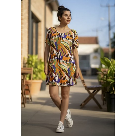 Vestido Curto Guaraciara Estampa Cores Vibrante