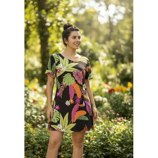 Vestido Curto Guaraciara Estampa Noite Botânica