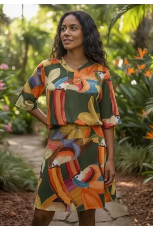 Vestido Curto Kaolin Viscose Estampa Flowers & Tucanos