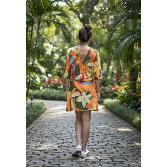 Vestido Curto Kaolin Viscose Estampa Flowers & Tucanos