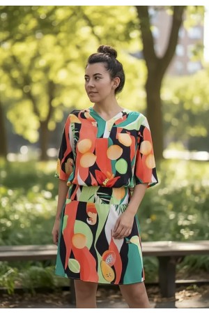 Vestido Curto Kaolin Viscose Estampa Festival Tropical