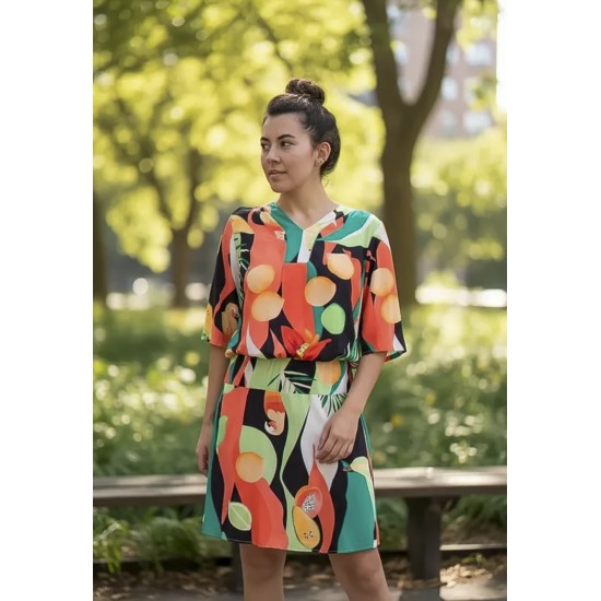 Vestido Curto Kaolin Viscose Estampa Festival Tropical