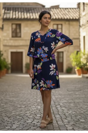Vestido Curto Kaolin Viscose Estampa Festa das Flores Azul