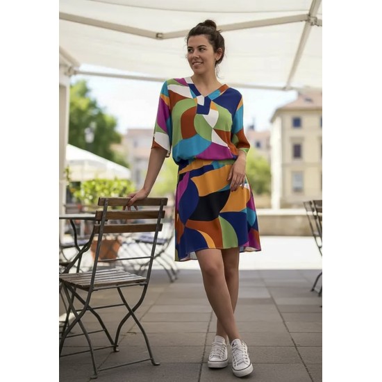 Vestido Curto Kaolin Viscose Estampa Jardim Azul