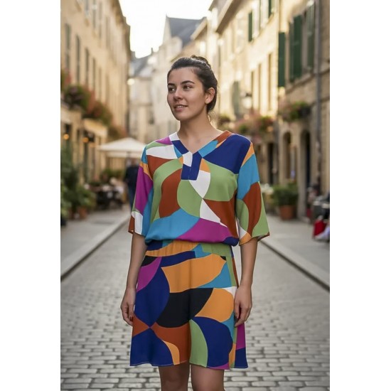 Vestido Curto Kaolin Viscose Estampa Jardim Azul