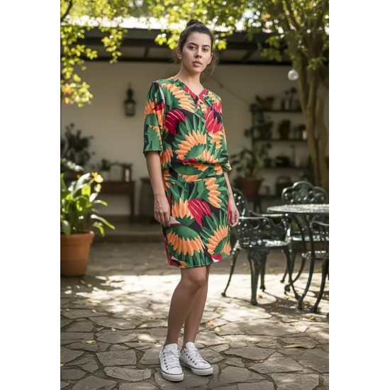 Vestido Curto Kaolin Viscose Estampa Festa dos Tucanos