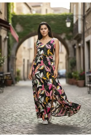 Vestido Longo Iúna Viscose Estampa Pétalas Noturna