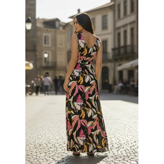 Vestido Longo Iúna Viscose Estampa Pétalas Noturna