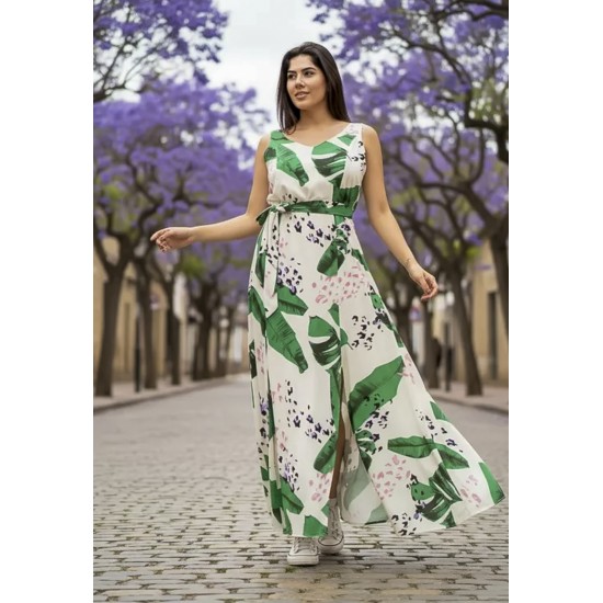 Vestido Longo Iúna Viscose Estampa Folhagem Poética