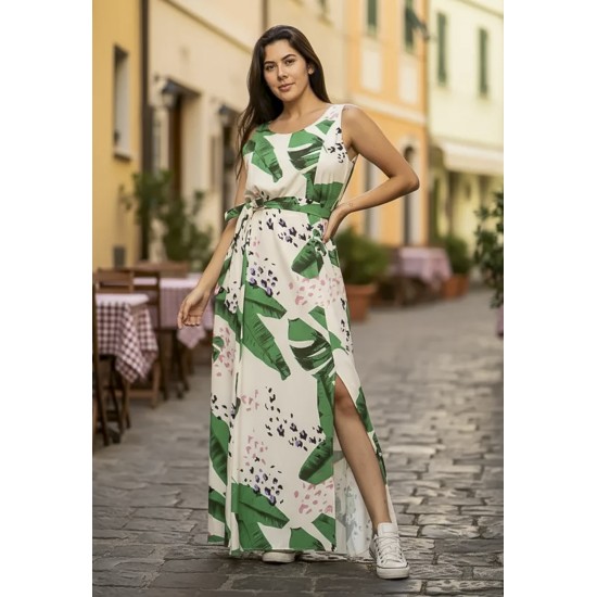 Vestido Longo Iúna Viscose Estampa Folhagem Poética