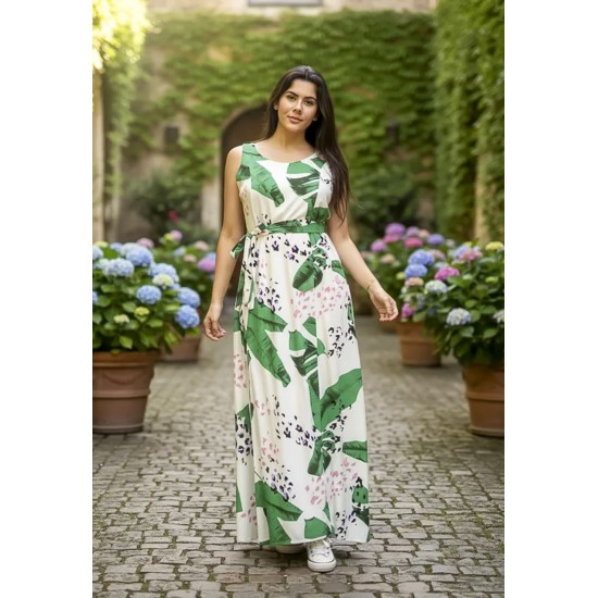 Vestido Longo Iúna Viscose Estampa Folhagem Poética