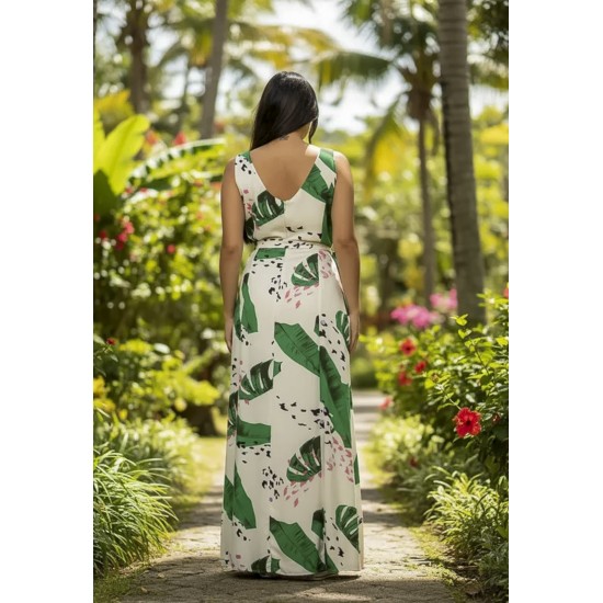 Vestido Longo Iúna Viscose Estampa Folhagem Poética