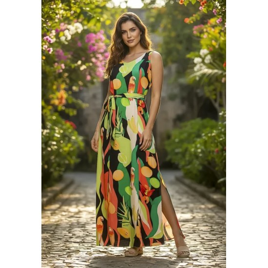 Vestido Longo Iúna Viscose Estampa Festival Tropical