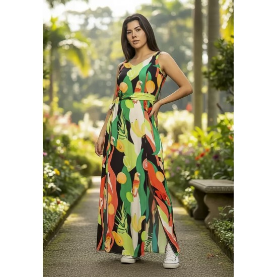 Vestido Longo Iúna Viscose Estampa Festival Tropical