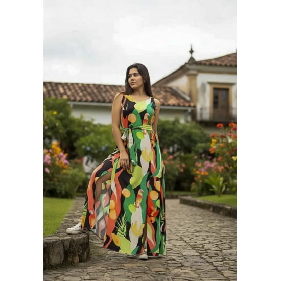 Vestido Longo Iúna Viscose Estampa Festival Tropical