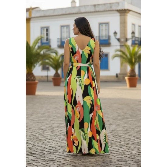 Vestido Longo Iúna Viscose Estampa Festival Tropical