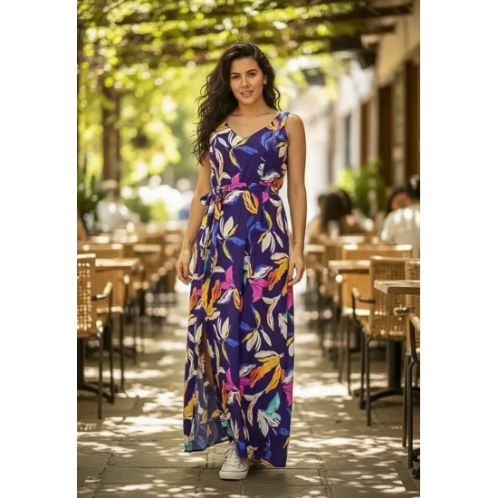 Vestido Longo Iúna Viscose Estampa Pétalas ao Vento
