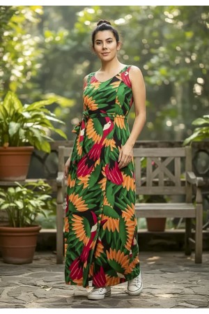 Vestido Longo Iúna Viscose Estampa Festa dos Tucanos