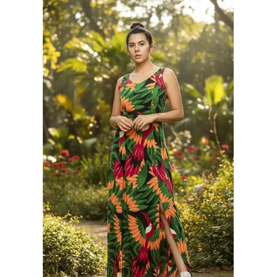 Vestido Longo Iúna Viscose Estampa Festa dos Tucanos