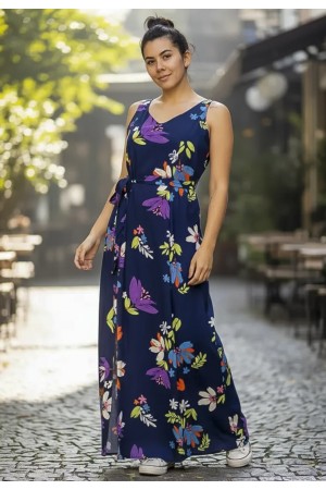 Vestido Longo Iúna Viscose Estampa Festa das Flores Azul