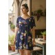 Vestido Curto Viscose Rodado Estampa Festa das Flores Azul