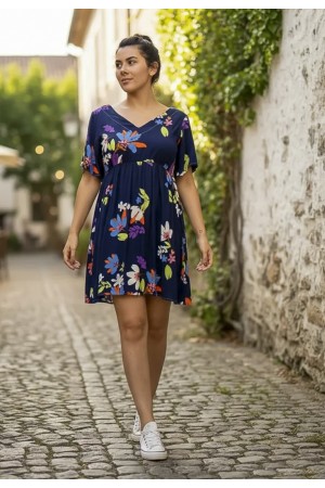 Vestido Curto Viscose Rodado Estampa Festa das Flores Azul