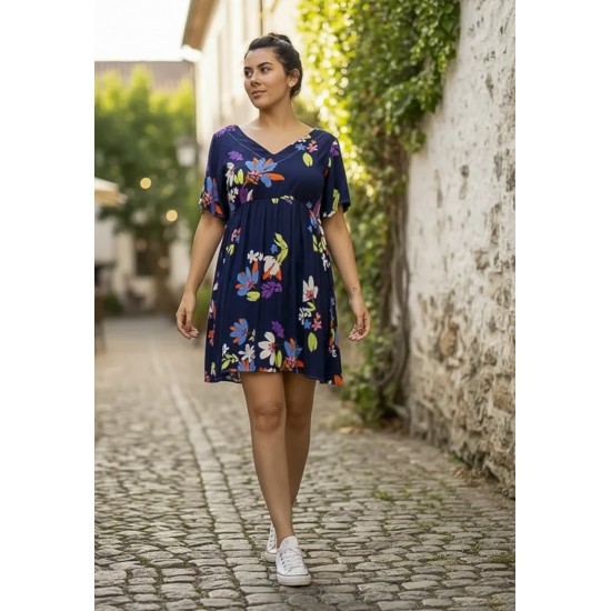 Vestido Curto Viscose Rodado Estampa Festa das Flores Azul