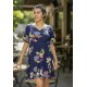Vestido Curto Viscose Rodado Estampa Festa das Flores Azul