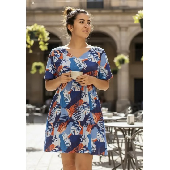 Vestido Curto Viscose Rodado Estampa Jardim Celeste