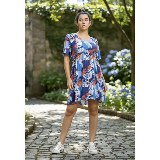 Vestido Curto Viscose Rodado Estampa Jardim Celeste