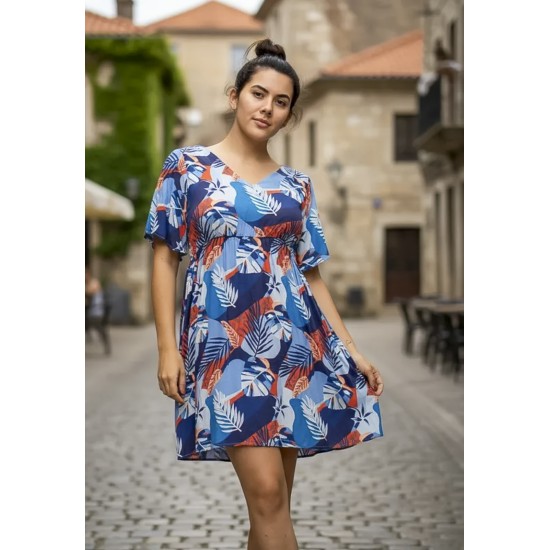 Vestido Curto Viscose Rodado Estampa Jardim Celeste
