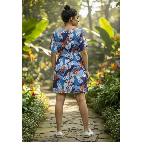 Vestido Curto Viscose Rodado Estampa Jardim Celeste