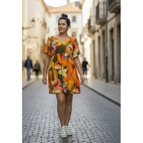 Vestido Curto Viscose Rodado Estampa Flowers & Tucanos