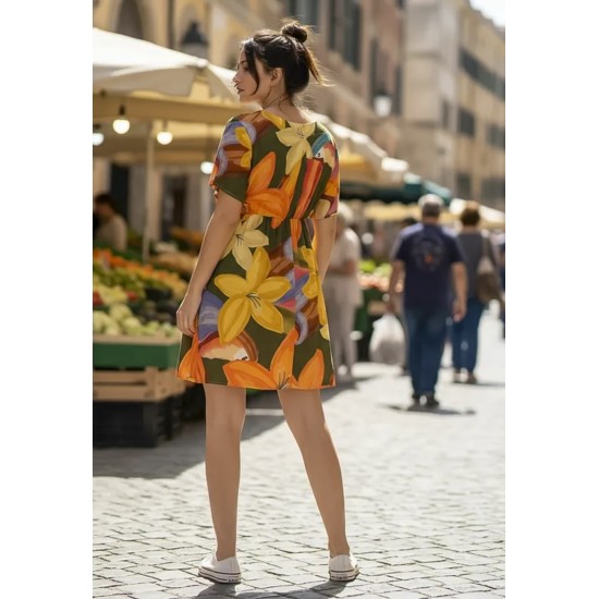 Vestido Curto Viscose Rodado Estampa Flowers & Tucanos