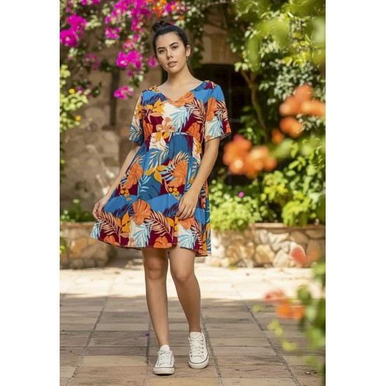 Vestido Curto Viscose Rodado Estampa Aurora Profunda