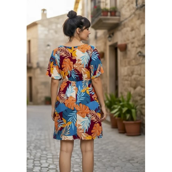 Vestido Curto Viscose Rodado Estampa Aurora Profunda